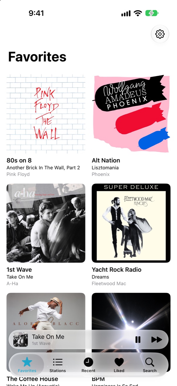 The Favorites tab: starred stations as album-art tiles, each showing the current song and artist.