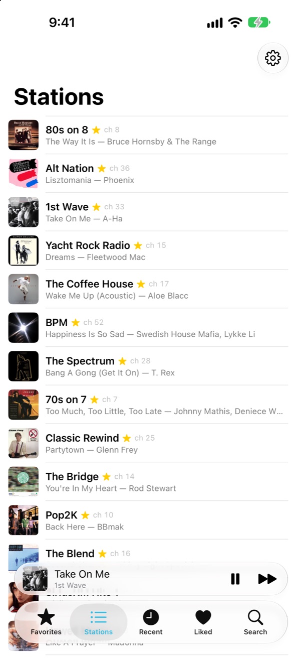 The Stations tab: every station in one list, each with the song on air now.